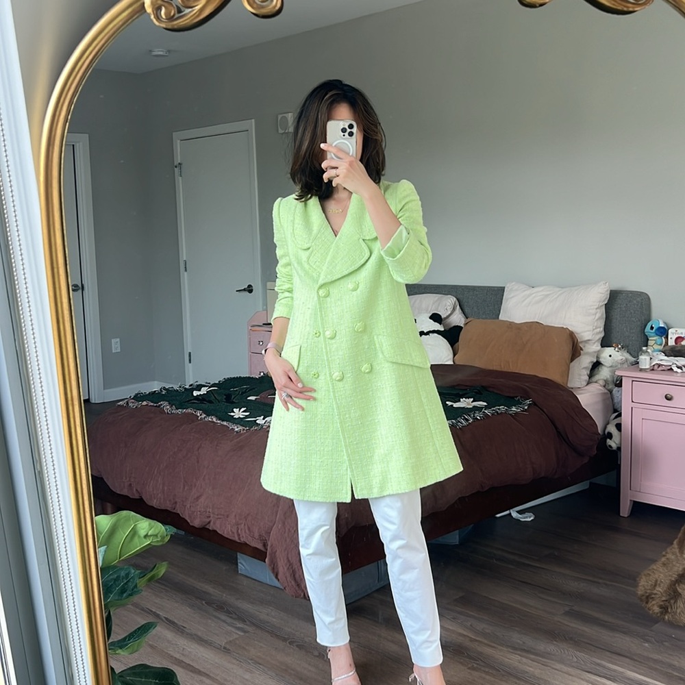 Lime green moschino cotton blend tweed overcoat with bear buttons